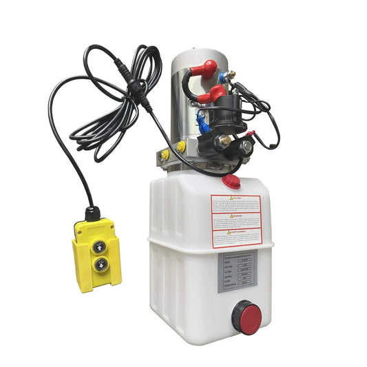 Double Acting Hydraulic Pump 5 Quart Hydraulic Power Unit 12V DC Hydraulic Pump with Plastic Oil Reservoir and SAE#6 Connector.