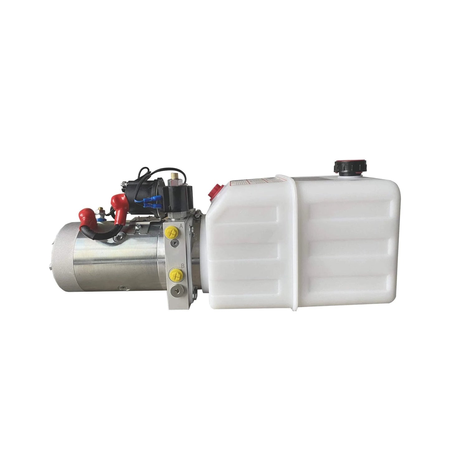 Side view of Double Acting Hydraulic Pump 5 Quart Hydraulic Power Unit 12V DC Hydraulic Pump with plastic oil reservoir.