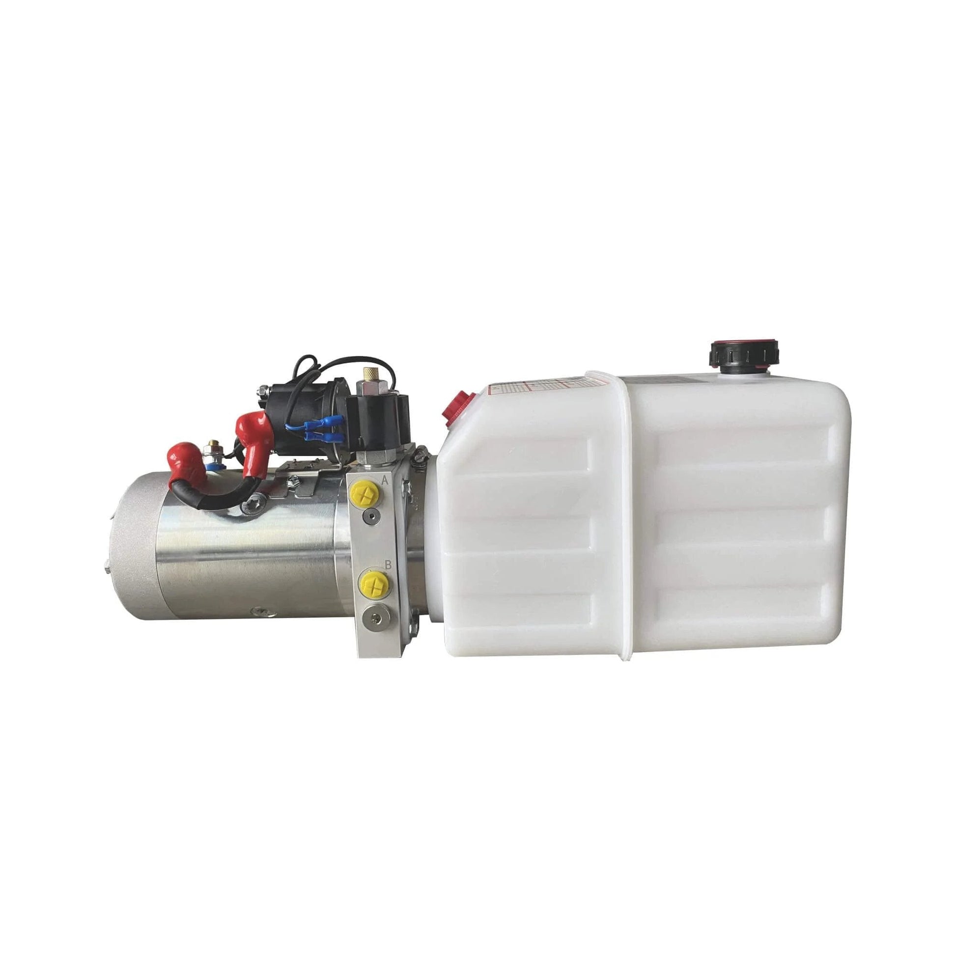 Side view of Double Acting Hydraulic Pump 5 Quart Hydraulic Power Unit 12V DC Hydraulic Pump with plastic oil reservoir.