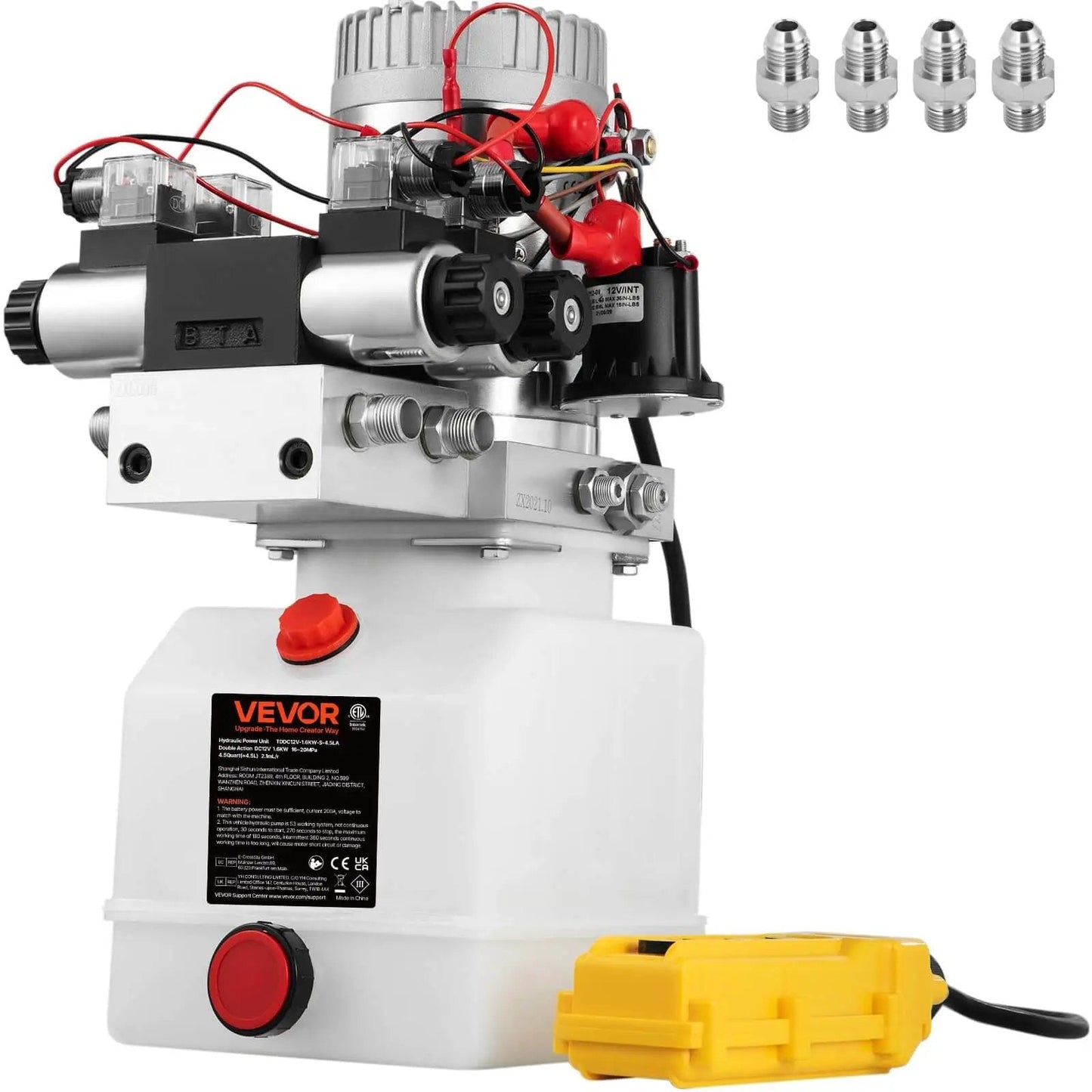 Double Acting 4 Way Hydraulic Pump Power Unit With 12V DC Motor 2 GPM Flow 3200 PSI Max For Dump Trailer Lifting And Car Lift 4.5 Quart Reservoir VEVOR with control pendant and fittings