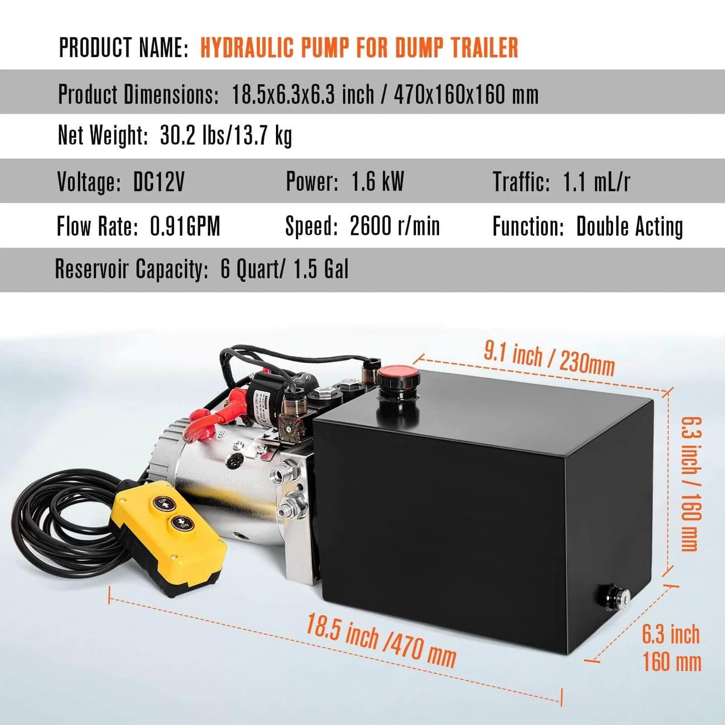 Hydraulic Pump 12V Dump Trailer Pump - Hydraulic Power Unit Double Acting Electric Hydraulic Pump, 6QT reservoir, specs shown