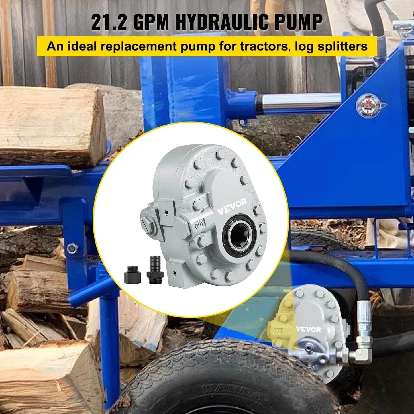 Bestauto Hydraulic Pump 21.2GPM installed on log splitter for tractor, showcasing 540RPM, 2500PSI, SAE 12 outlet port in use