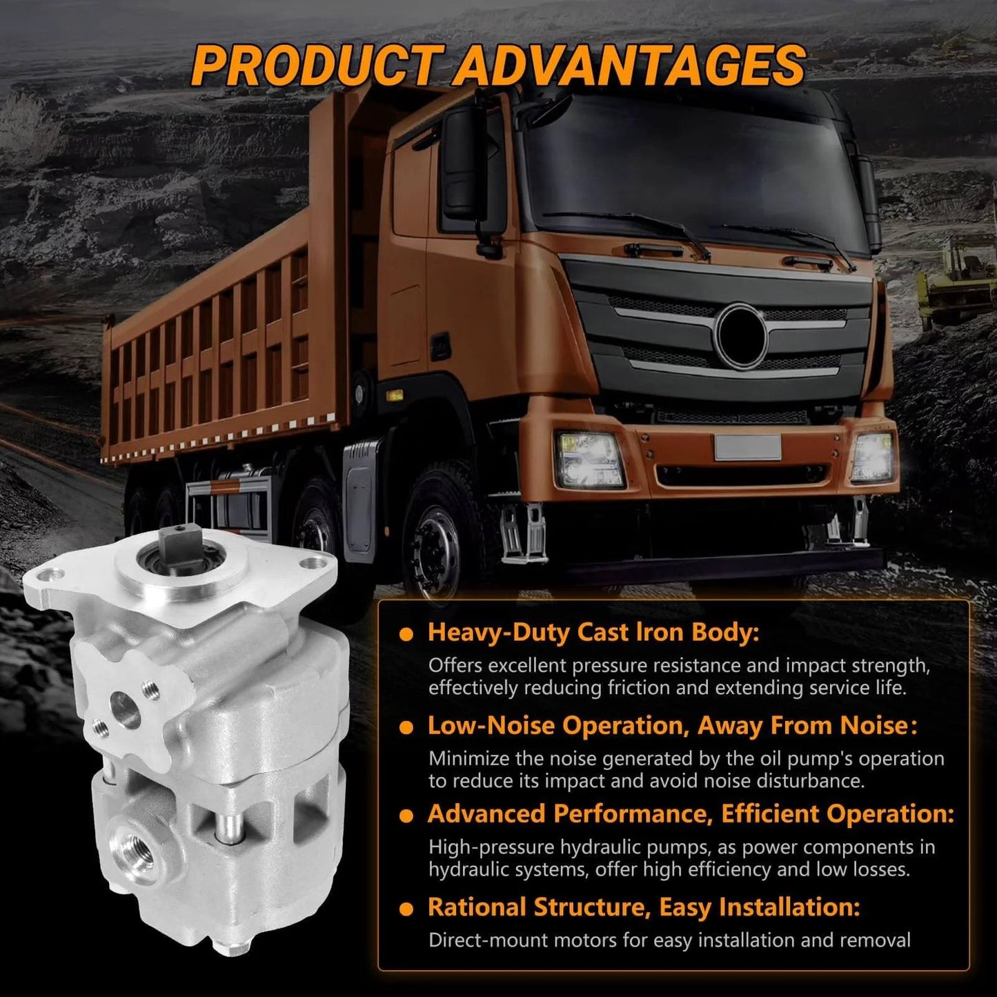 Otobaijeni Hydraulic Pump 6C200-37300 6C200-37303 next to a heavy-duty truck with product advantages listed