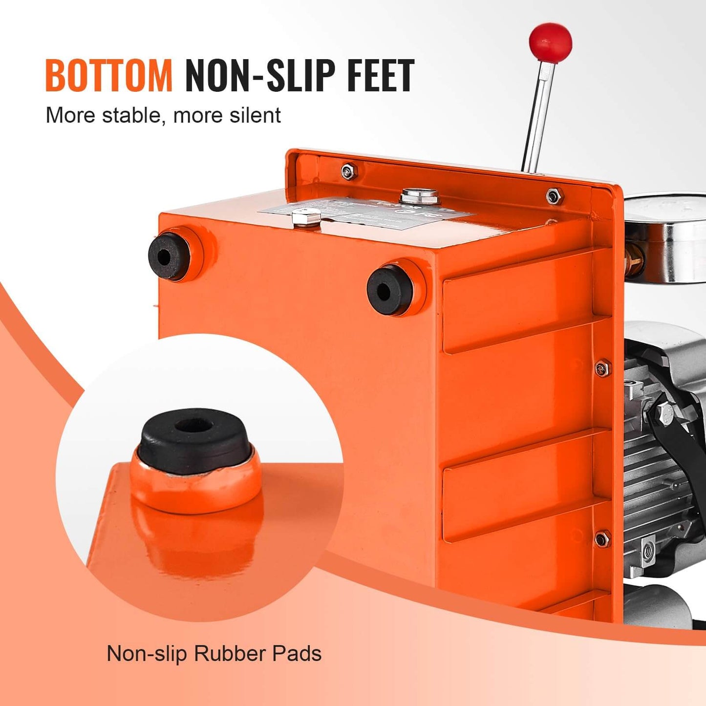 Close-up of non-slip feet on 10000 PSI 750W 110V hydraulic pump power pack unit, showing rubber pads for stability, in orange color.