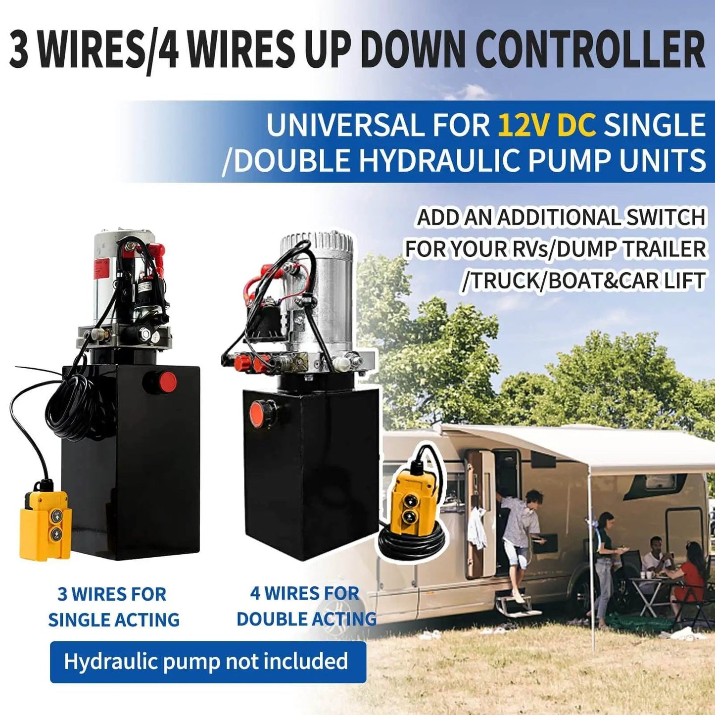 3-wire and 4-wire 12V DC dump trailer remote control switch, black compact design with yellow pendant for hydraulic pumps.