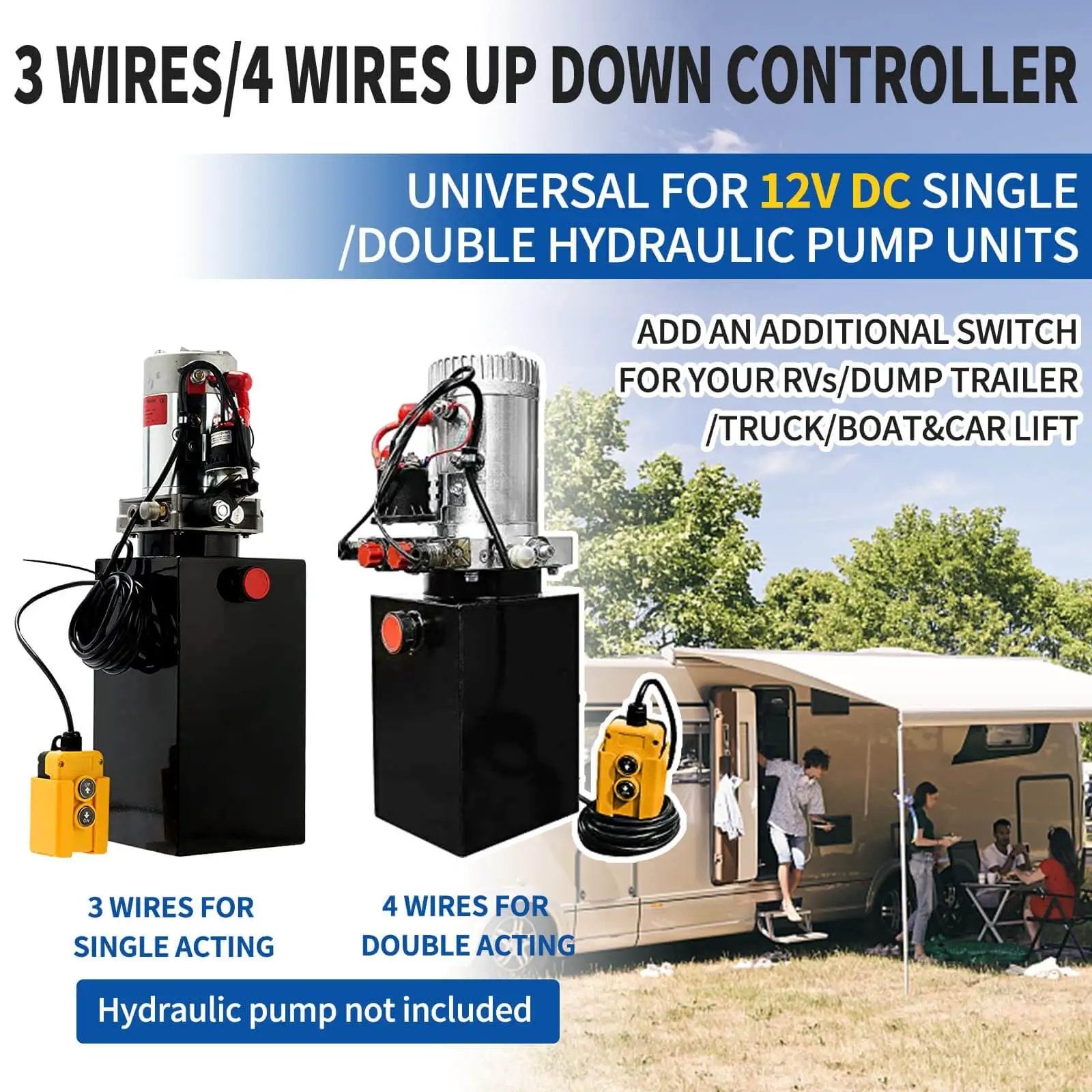 3-wire and 4-wire 12V DC dump trailer remote control switch, black compact design with yellow pendant for hydraulic pumps.
