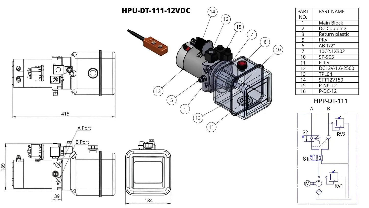 Technical diagram of 12 Volt DC Double Acting Hydraulic Pump For Dump Trailers With Solenoid Power Unit And 8 Quart Plastic Tank
