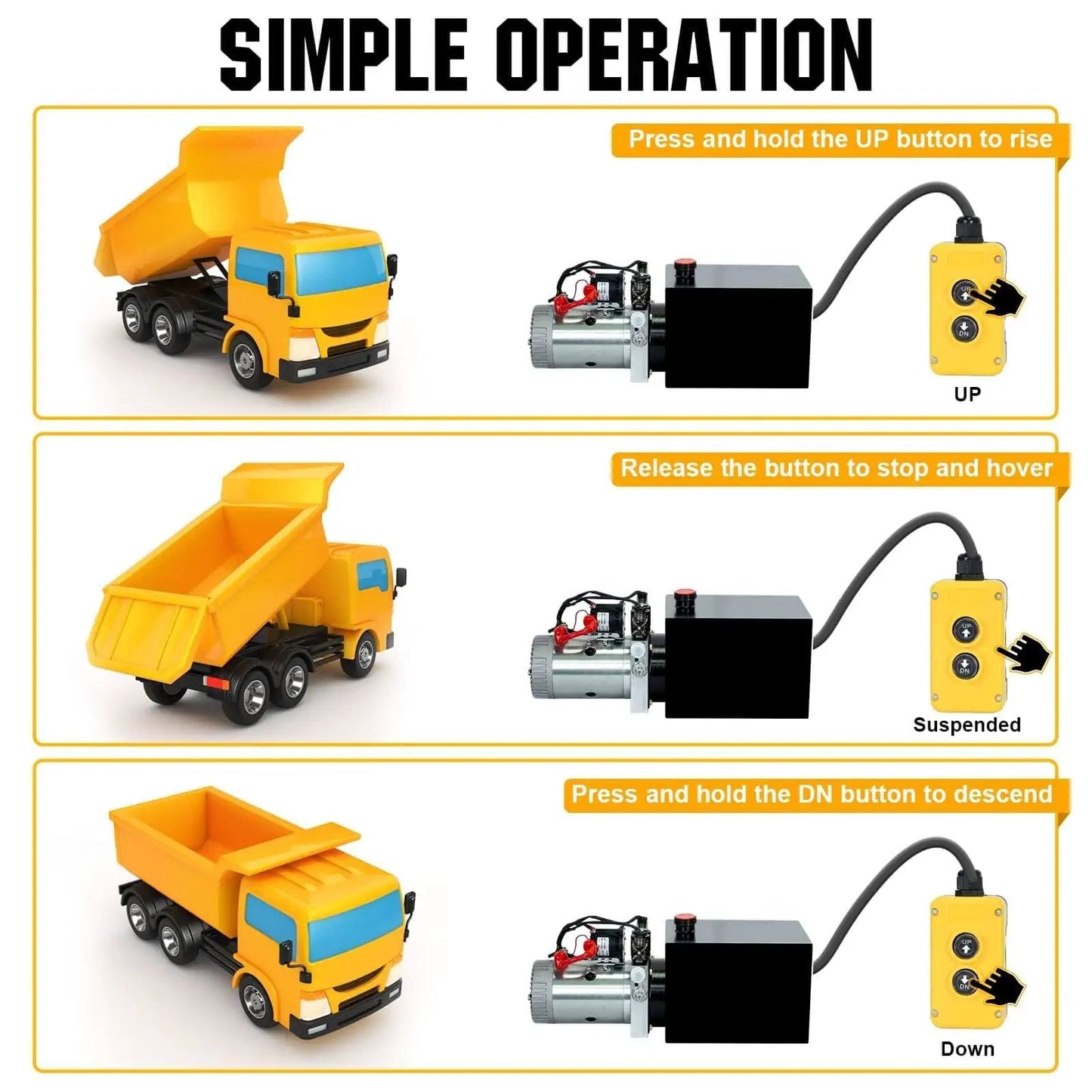 Simple operation guide for Heavy Duty Electric Hydraulic Pump Unit for Dump Trailer with Metal Reservoir 12V DC Motor 3200 PSI Max Pressure.