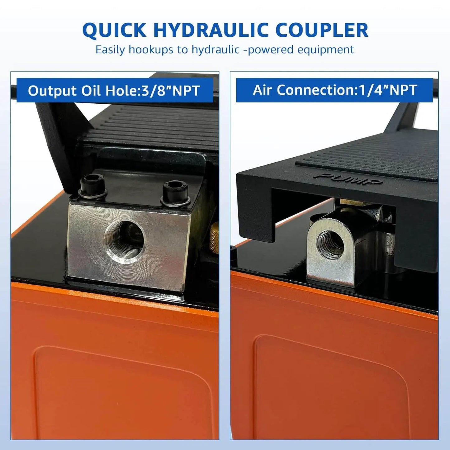 Quick hydraulic coupler on Pro Grade Air Hydraulic Pump With Foot Operated Control For 10,000 PSI Heavy Duty Lifting.