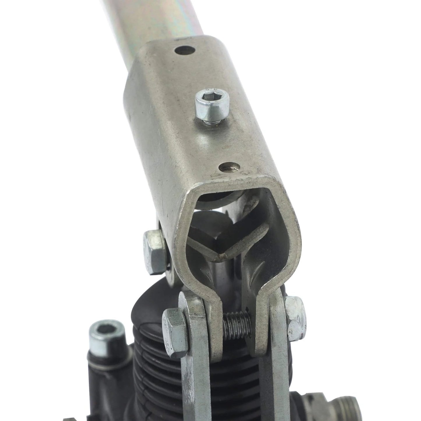 Close-up of LiGuVCY Hydraulic Piston Hand Pump with steel connectors and bolts, focus on mechanism, for Double Acting Cylinder, 3,600 PSI.