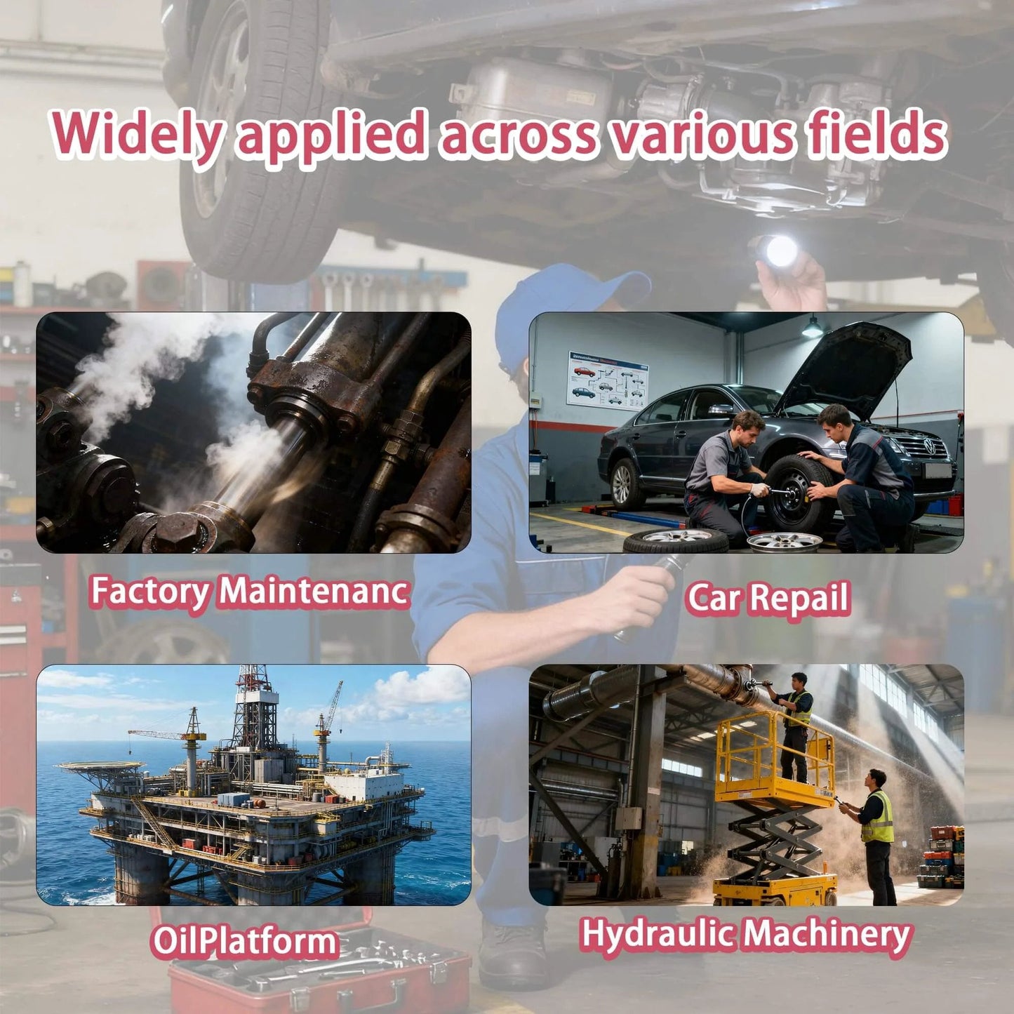 Image showing the use of Air Hydraulic Pump 0.45 Gal 10,000 PSI in factory maintenance, car repair, oil platform, and hydraulic machinery.