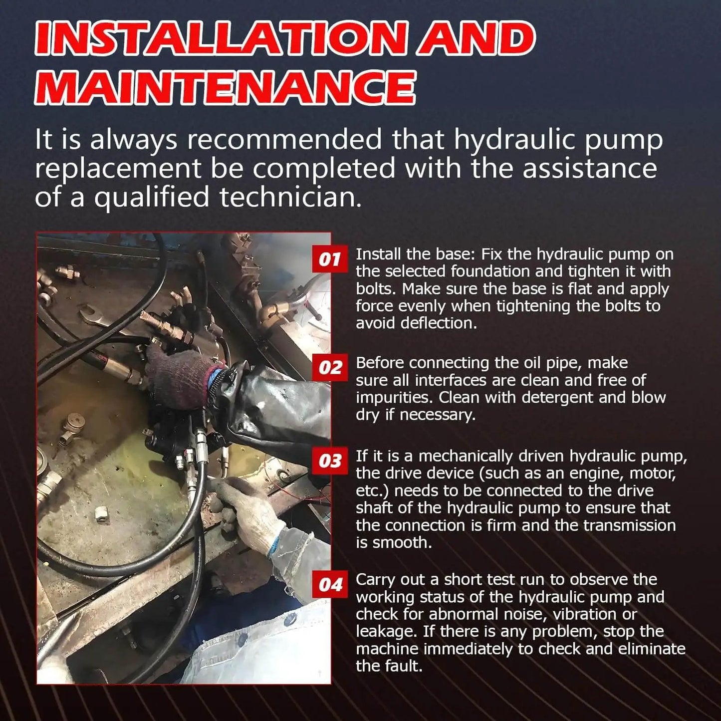 Technician installing hydraulic motor; replacing a pump in machinery setup, focusing on preventing leaks and ensuring stability.