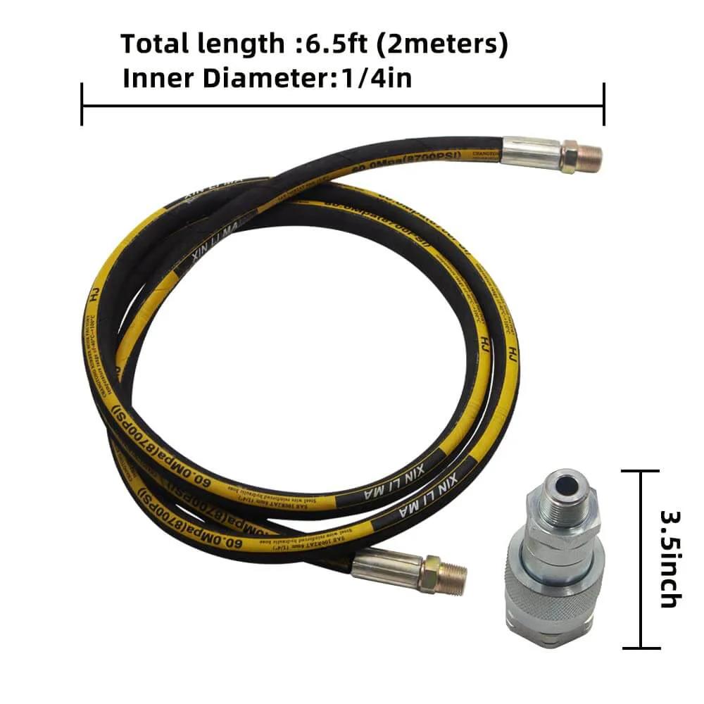 Yellow 6.5 ft hydraulic pipe and 3/8 NPT quick coupler, part of Air Hydraulic Pump, 10,000 PSI 1/2 Gal Reservoir kit