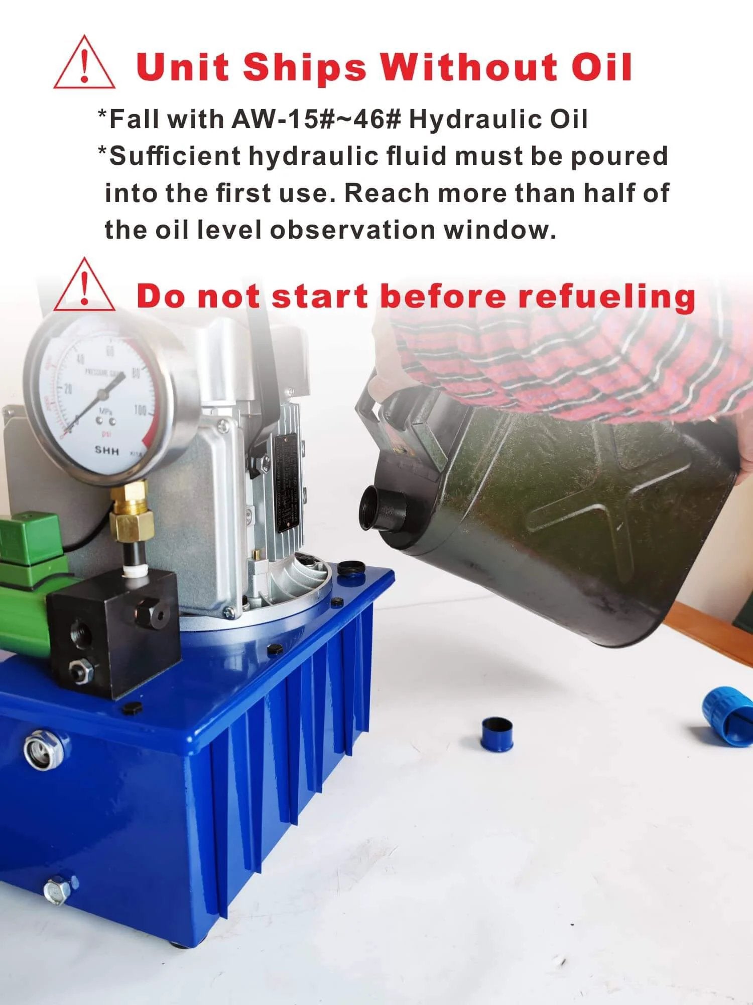 AMZCNC Two Way Electric Hydraulic Pump 10,000 PSI being refueled with oil next to instructions, on a workshop table