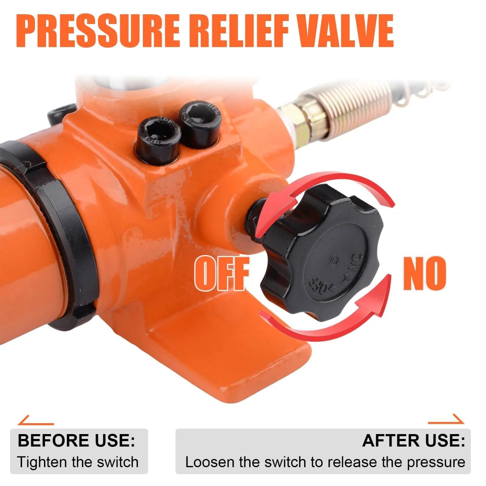Close-up of pressure relief valve on HZ-700 hydraulic hand pump with instructions for tightening and loosening