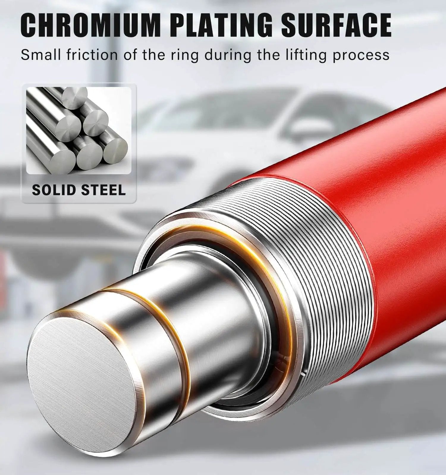 Close-up of Pro Grade 12 Ton Hydraulic Body Repair Kit, showing red ram pump with chromium plating and solid steel internals.