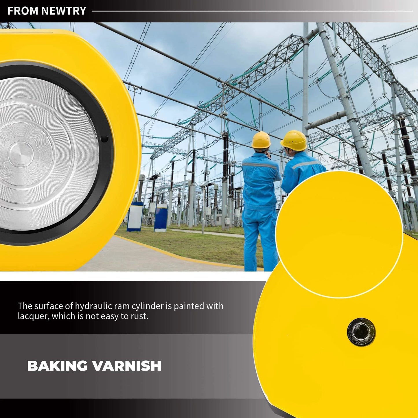 Hydraulic Ram Cylinder with baking varnish finish in power plant setting, two engineers inspecting electrical grid. Focus on lacquering detail.