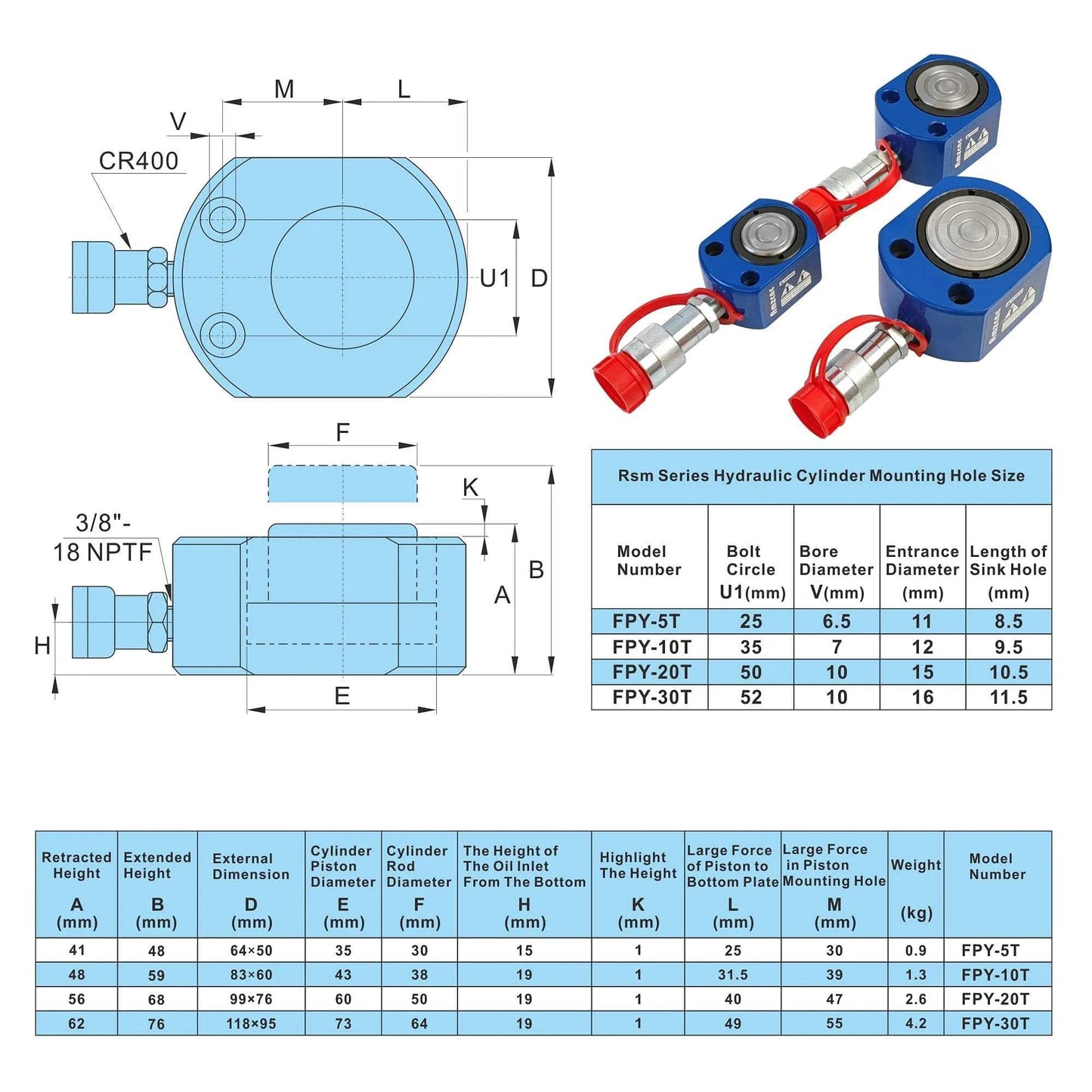 Diagram and specifications for 10T Hydraulic Ram Cylinder Low Profile with mounting sizes and model options.