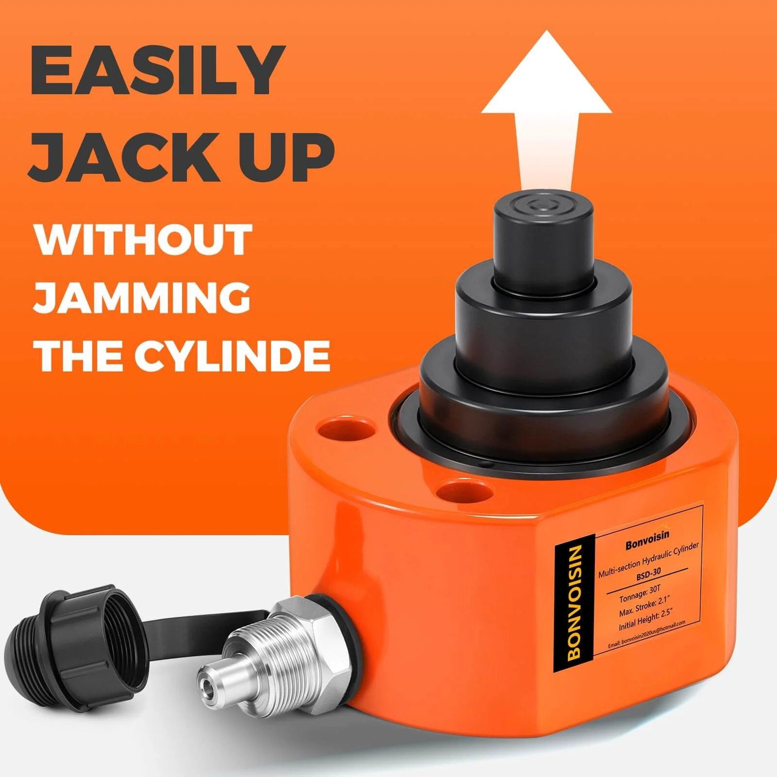 Hydraulic Ram Jack 30T Low Profile Porta Power Cylinder in orange, multi-section design, with text 'Easily Jack Up Without Jamming the Cylinder'.