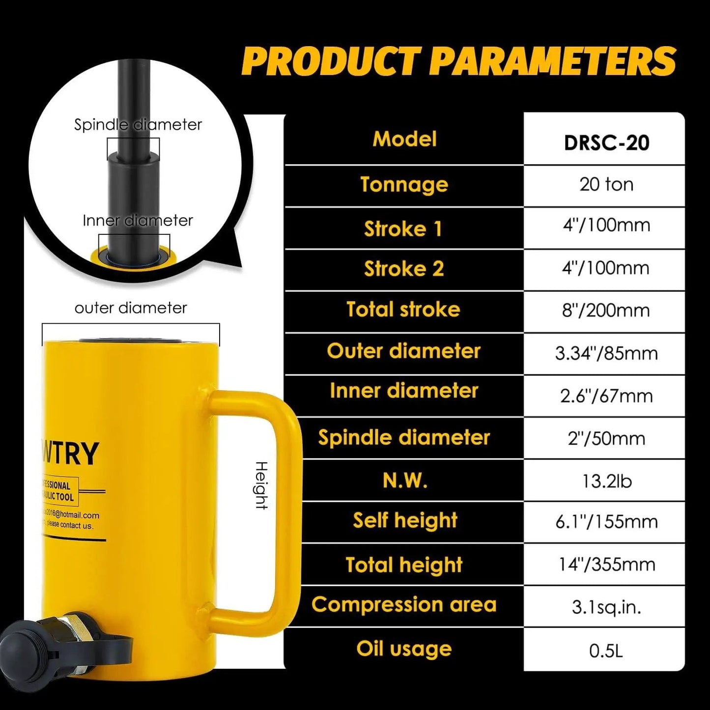 Product specifications of Beefy Twenty Ton Hydraulic Ram Jack With Eight Inch Stroke For Portable Industrial Lifting Multi Section Cylinder Built Tough For Auto Repair Construction And Shop Maintenance Three Eighth Inch Connector Newtry, showing dimensions and weights.