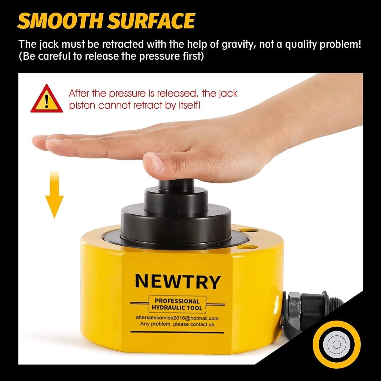 Hand pressing on yellow NEWTRY Hydraulic Ram Jack 30T Hydraulic Cylinder Low Profile Ram Jack Multi-Section 2.13” Stroke