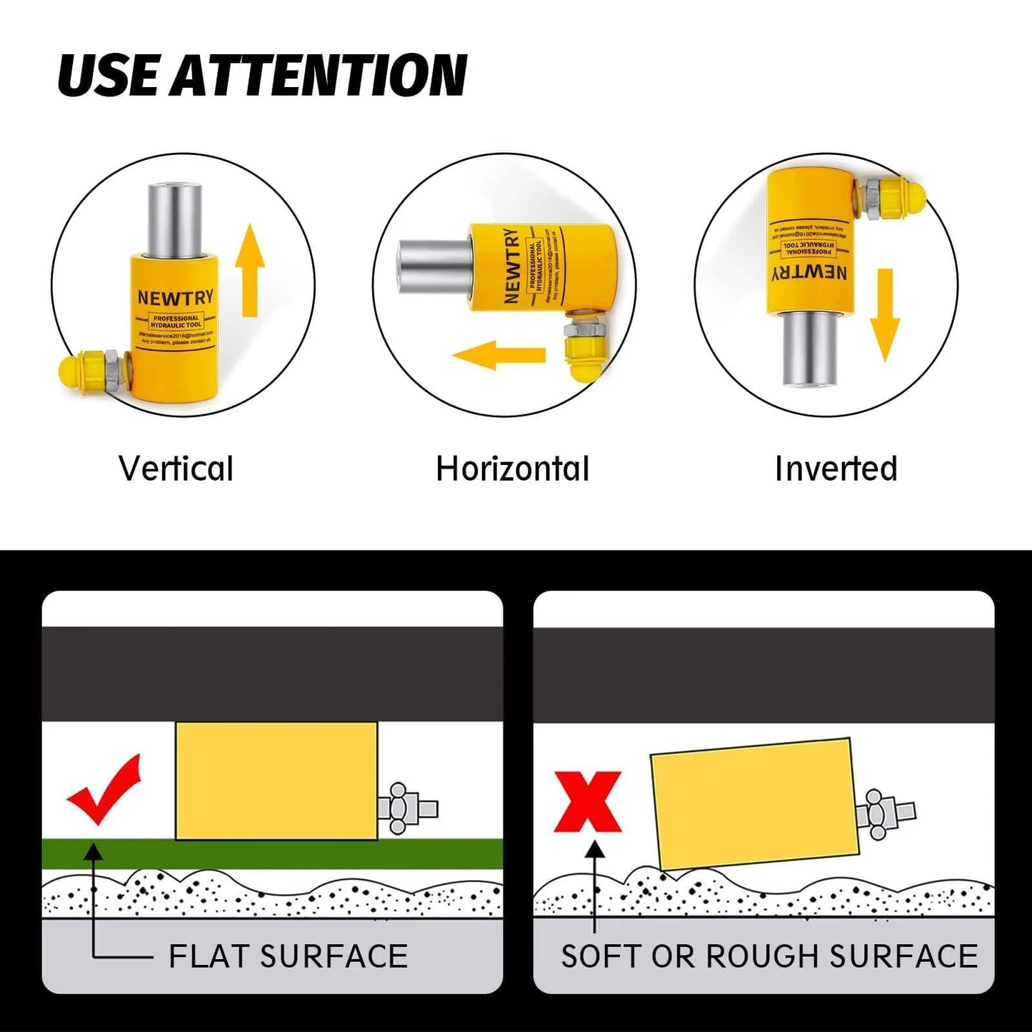 Usage instructions for 10 ton Hydraulic Ram Jack Cylinder showing vertical, horizontal, and inverted positions on different surfaces.