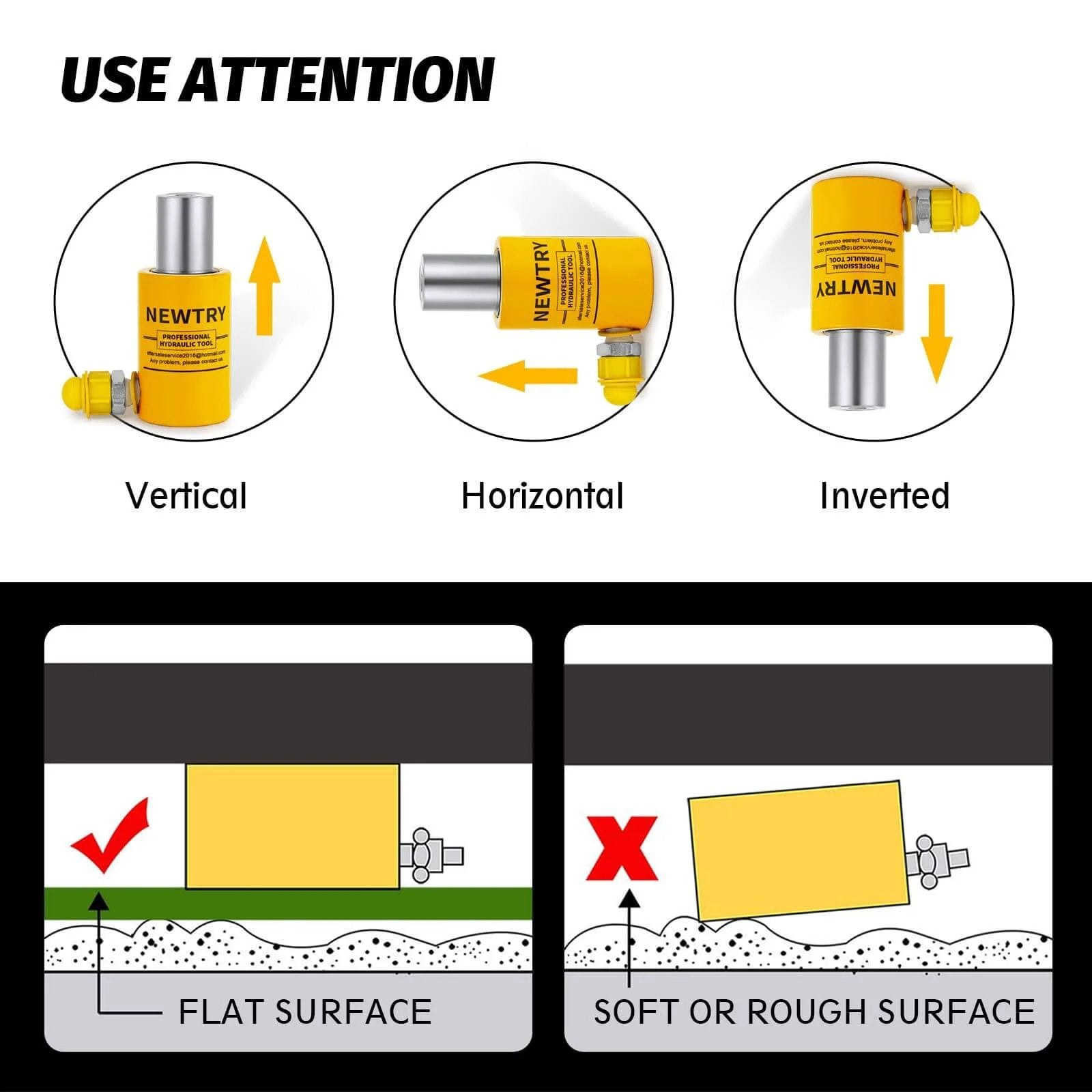 Usage instructions for 10 ton Hydraulic Ram Jack Cylinder showing vertical, horizontal, and inverted positions on different surfaces.