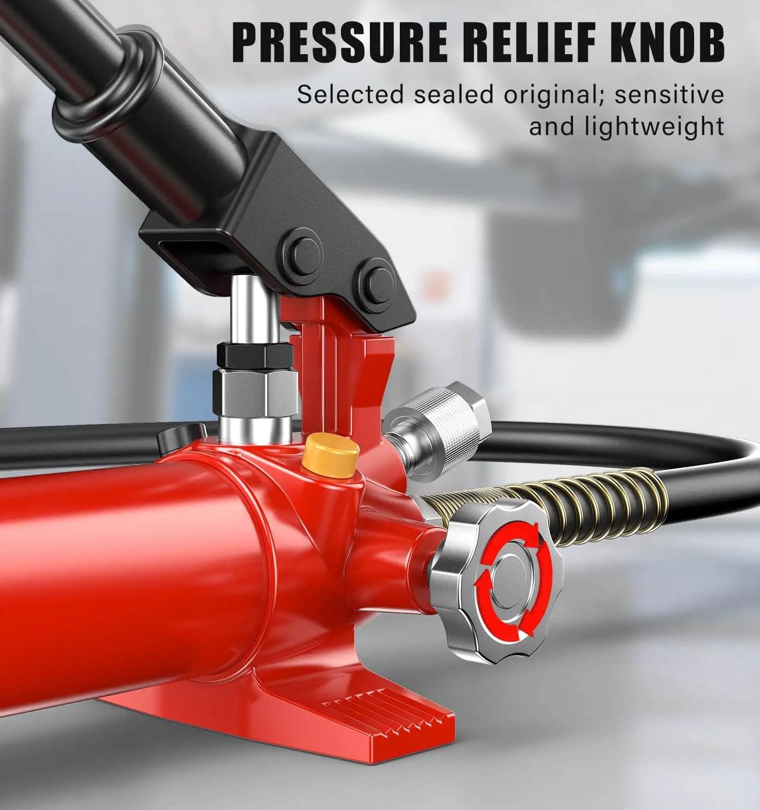 Pro Grade 12 Ton Hydraulic Body Repair Kit With Portable Floor Jack Ram Pump Set pressure relief knob close-up