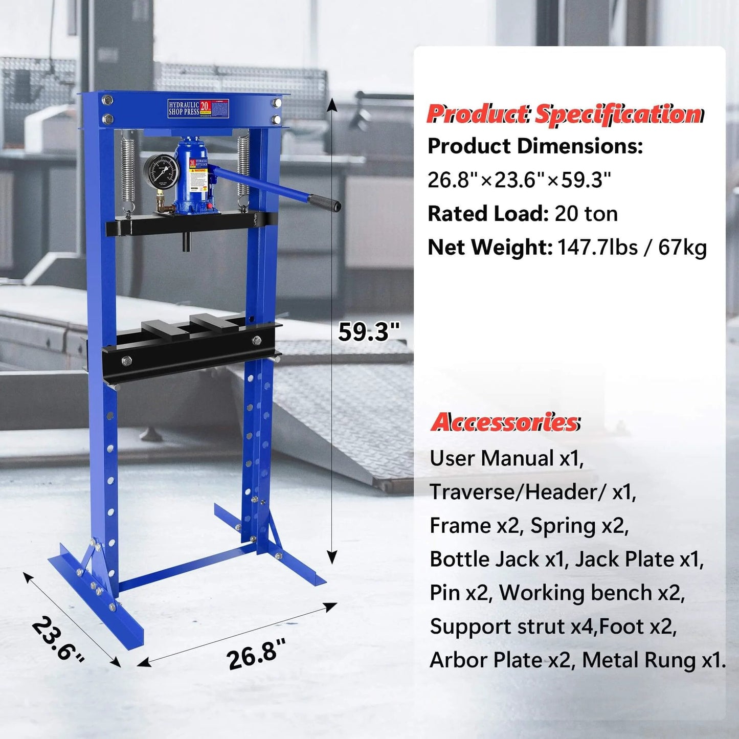 Hydraulic Shop Press, 20 Ton H-Frame Garage Floor Adjustable with Pressure Gauge and Stamping Plates, dimensions labeled