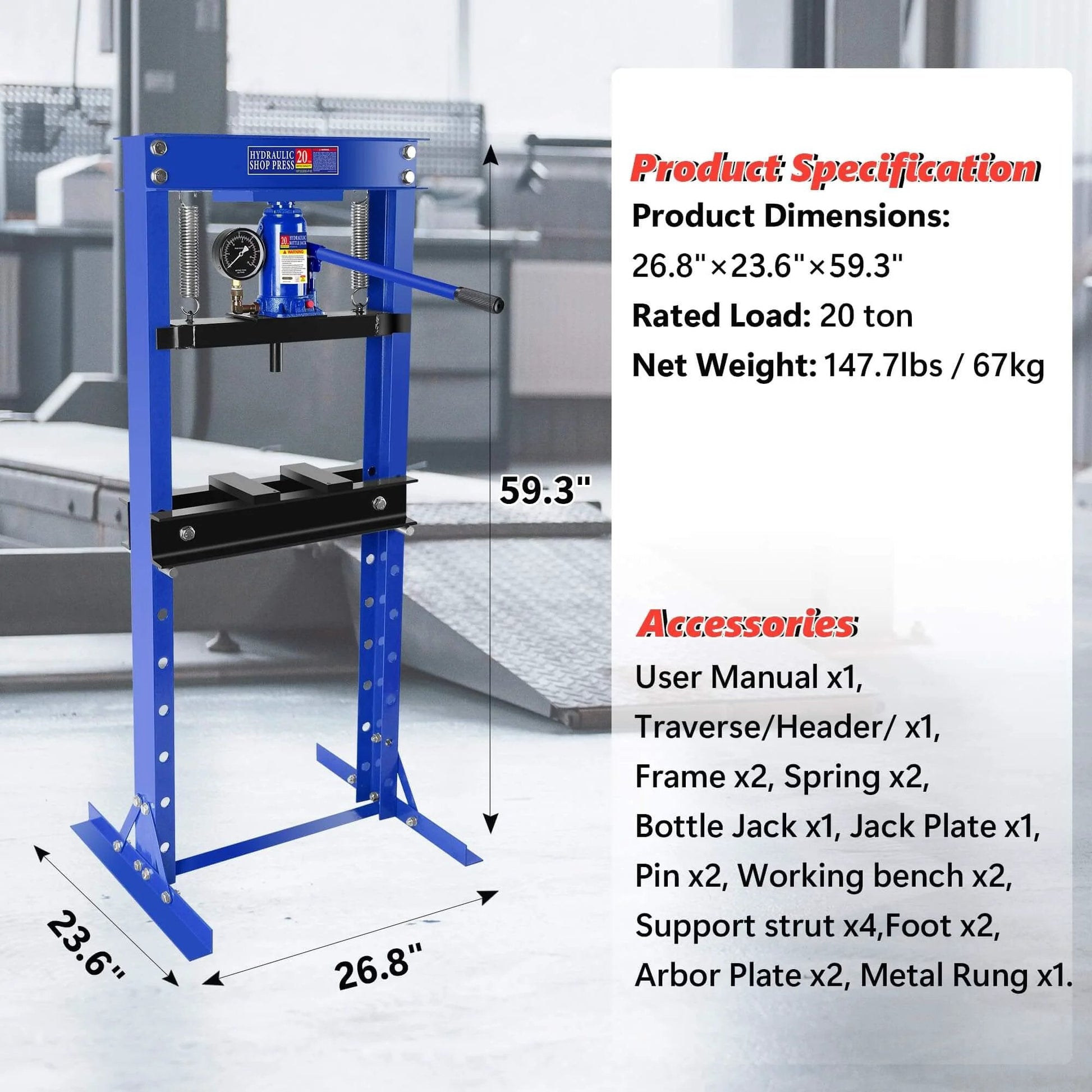 Hydraulic Shop Press, 20 Ton H-Frame Garage Floor Adjustable with Pressure Gauge and Stamping Plates, dimensions labeled