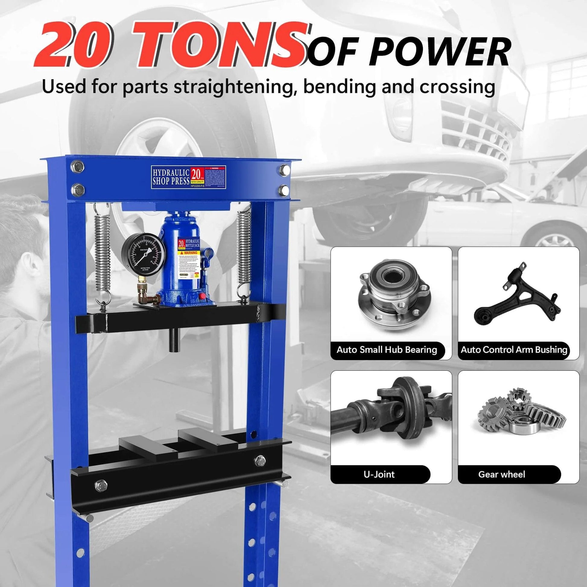 Hydraulic Shop Press,20 Ton H-Frame Garage Floor Adjustable Shop Bearing Press with Pressure Gauge & Stamping Plates displayed