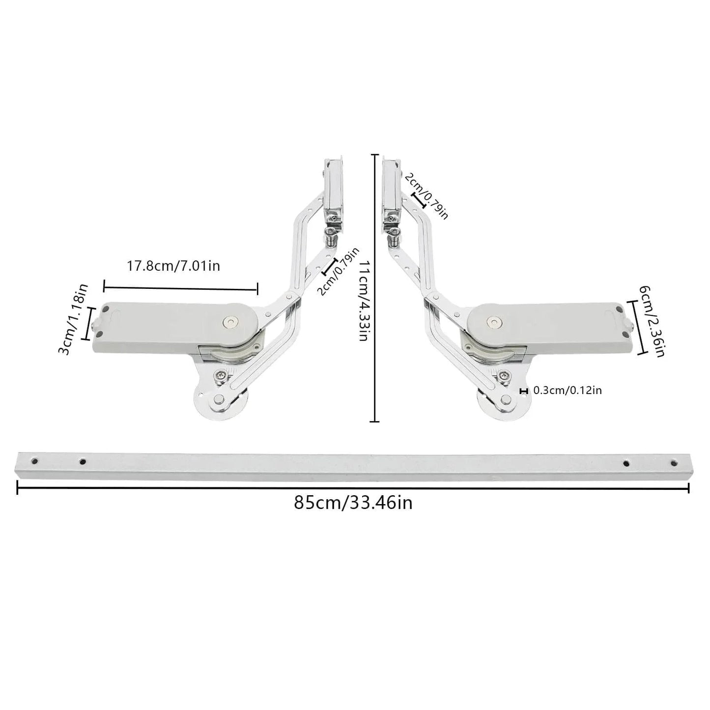 Cabinet Door Hinges Set Folding Lift up Top Table Vertical Swing Lift Up Stay Pneumatic Arm with measurements visible, silver.