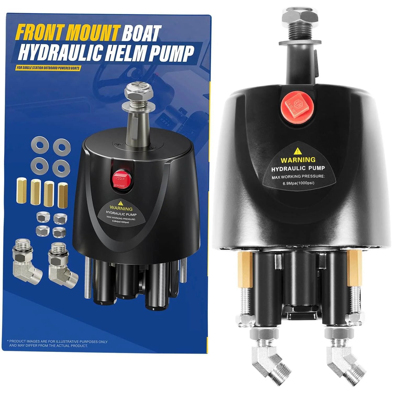 HH5271-3 Hydraulic Steering Helm Pump – 1.7 cu in Front Mount Replacement, black marine-grade body with fittings displayed