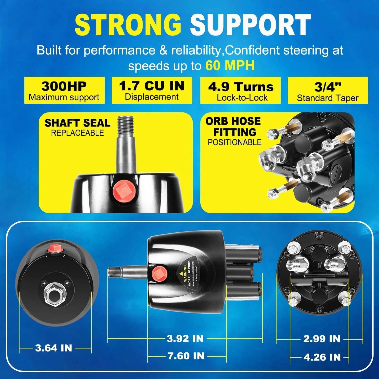 HH5271-3 Hydraulic Steering Helm Pump with dimensions and specs including 1.7 cu in, 300HP max, 4.9 lock-to-lock, marine-grade aluminum.