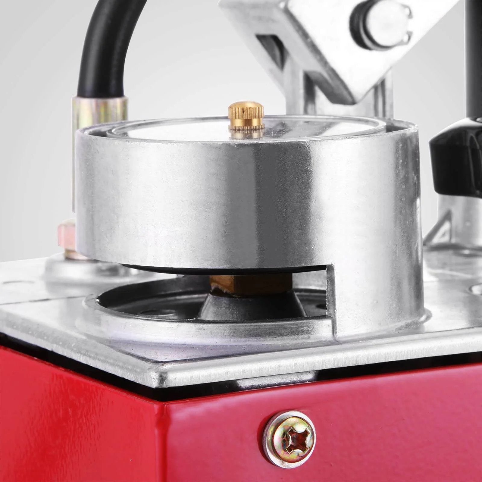 Close-up of the Hydraulic Pressure Test Pump 50 Bar Hand Pressure Test Pump 726 PSI 3.2 Gallon Tank, focusing on metal components.