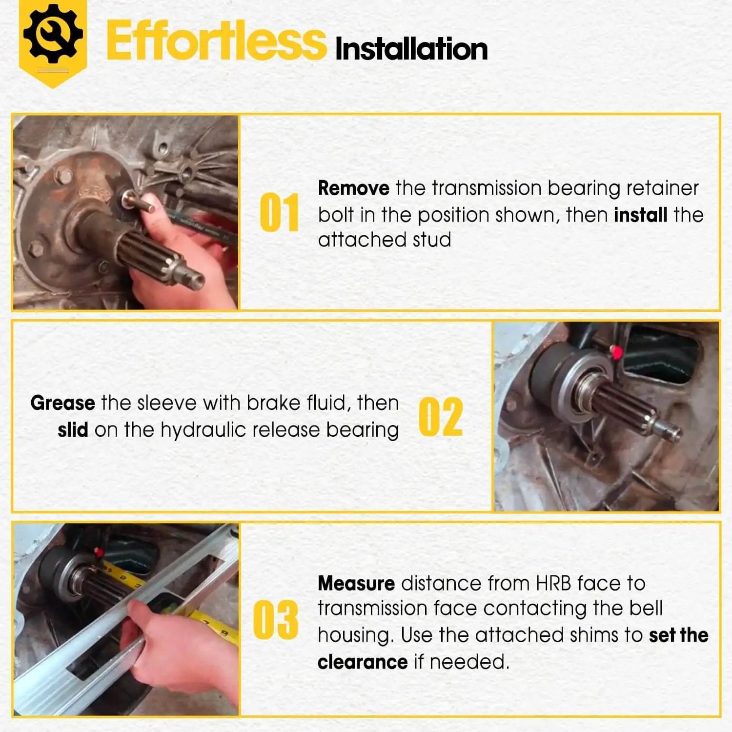 Installation guide for Hydraulic Throwout Bearing For GM Release Bearing Stock Clutch showing steps and tools used
