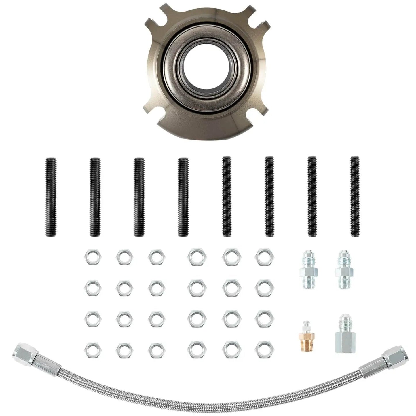 Hydraulic Release Throwout Bearing Kit For Multi Disk Racing Clutch 5 5 Inch To 7 25 Inch Clutches Compatible With Chevy GMC Manual 3 Speed 4 Speed Transmissions From Muncie Borg Warner Saginaw Tremec TKO 500 For Street And Track, showing components including hydraulic bearing, hose, and fittings