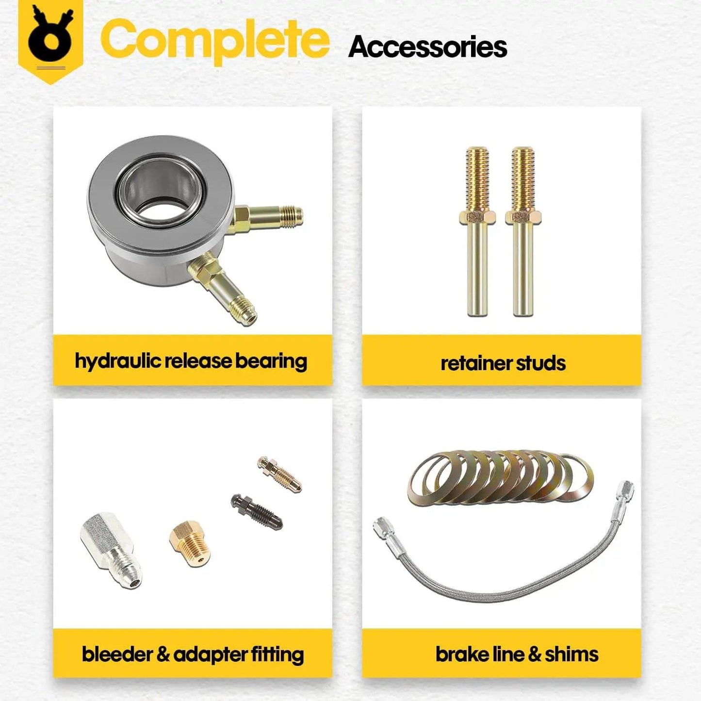 Dope Hydraulic Throwout Bearing Kit For T5 Transmissions Not Ford Fits OEM Clutch Replaces 82876 82870 Includes One Eighth Inch NPT Bleeder Four AN Male To One Eighth NPT Female Adapter And Twelve Inch Hose Style Borg Warner GM T5 components including hydraulic release bearing, adapter fittings, and shims.
