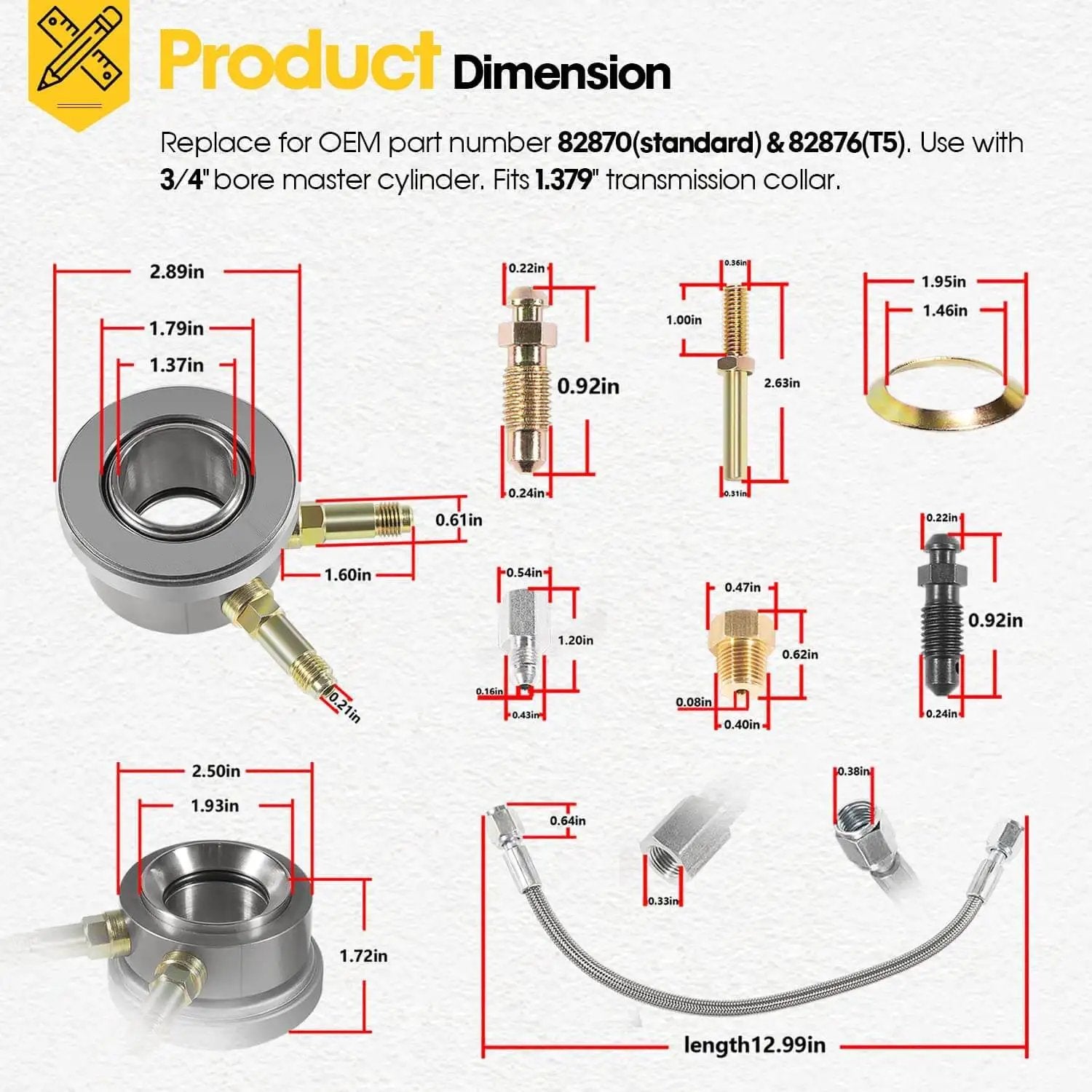 Dope Hydraulic Throwout Bearing Kit For T5 Transmissions Not Ford Fits OEM Clutch Replaces 82876 82870 with dimensions