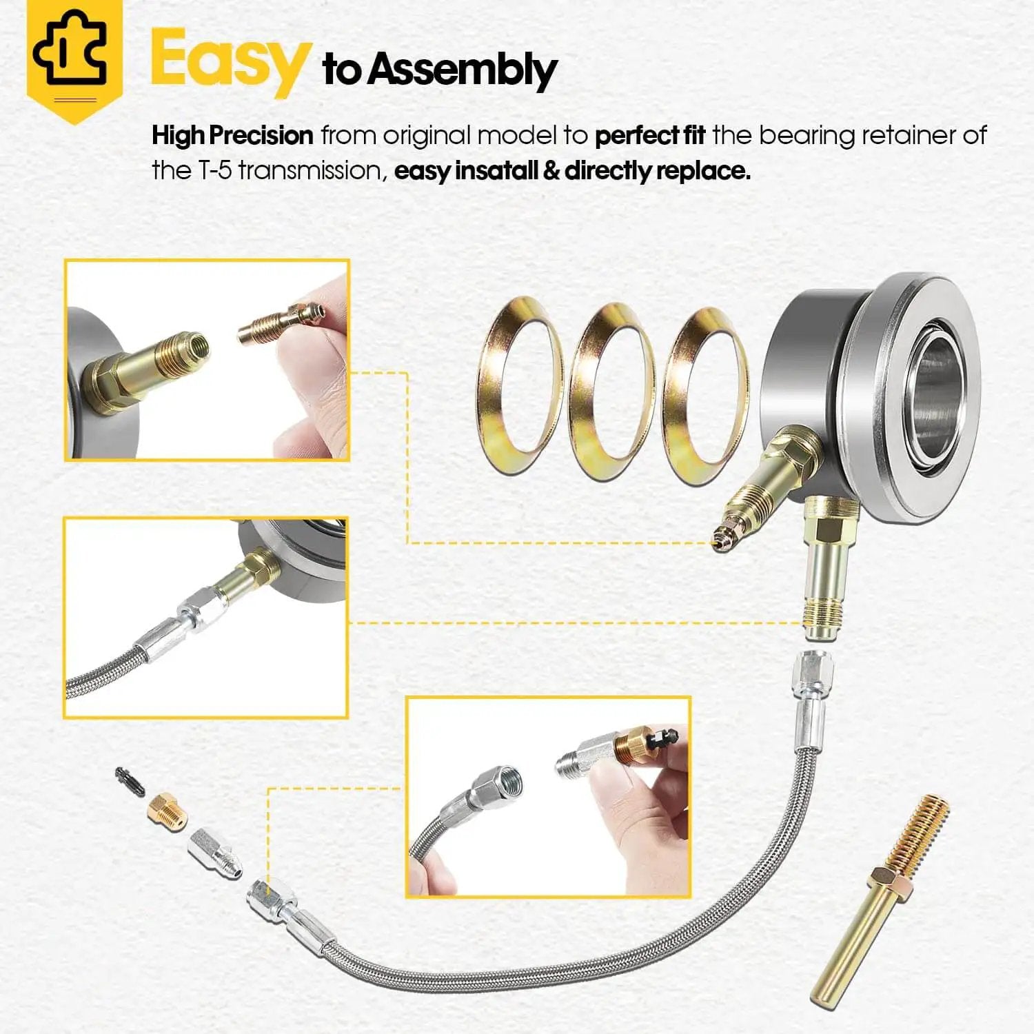 Dope Hydraulic Throwout Bearing Kit For T5 Transmissions Not Ford Fits OEM Clutch Replaces 82876 82870 Includes One Eighth Inch NPT Bleeder Four AN Male To One Eighth NPT Female Adapter And Twelve Inch Hose Style Borg Warner GM T5 product components and assembly instructions.