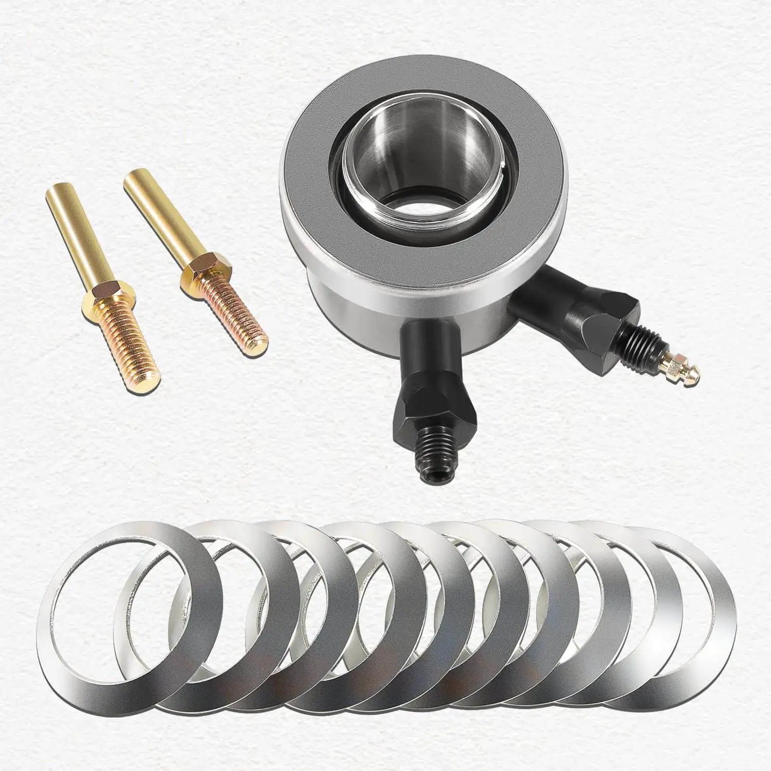 Hydraulic Throwout Bearing For GM Release Bearing Stock Clutch For Small Block Chevy V8 And Most Stock Style Three Speed And Four Speed Chevy Transmissions Tremec Ready Replacement For 91025610 And 91025613; steel bearing kit with washers and fittings on white background.
