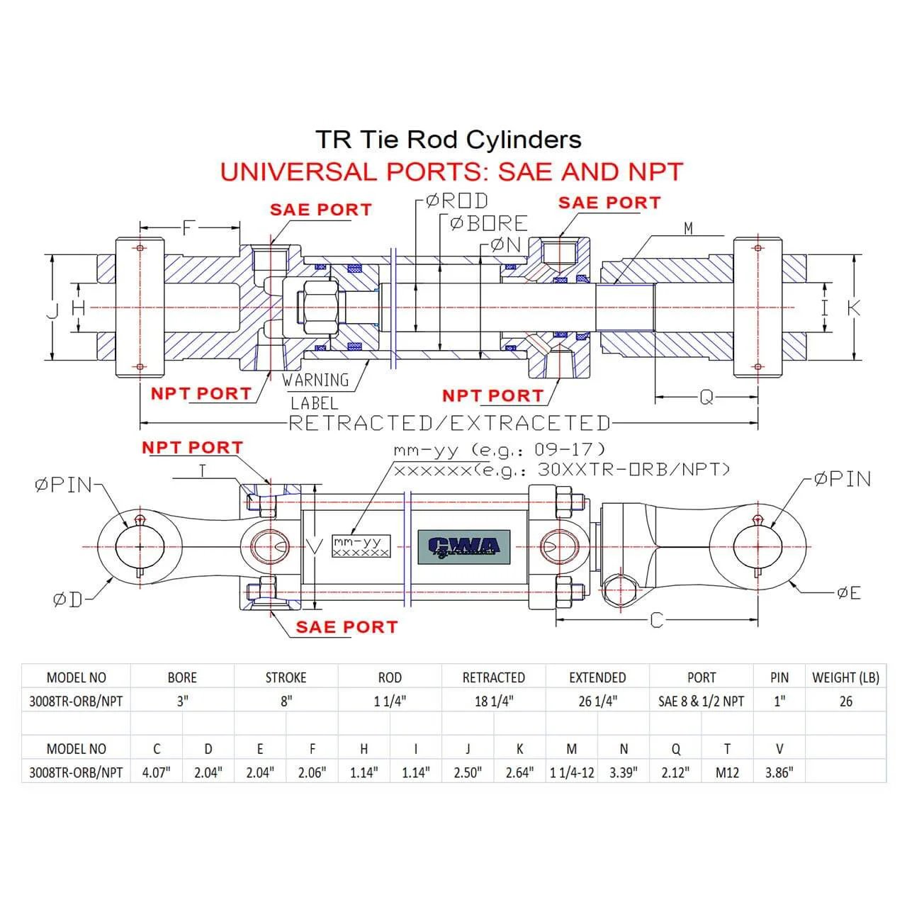 Technical drawing of TR Tie Rod Hydraulic Cylinder with SAE and NPT ports, measurements for 3" bore, 8" stroke, 1 1/4" rod.