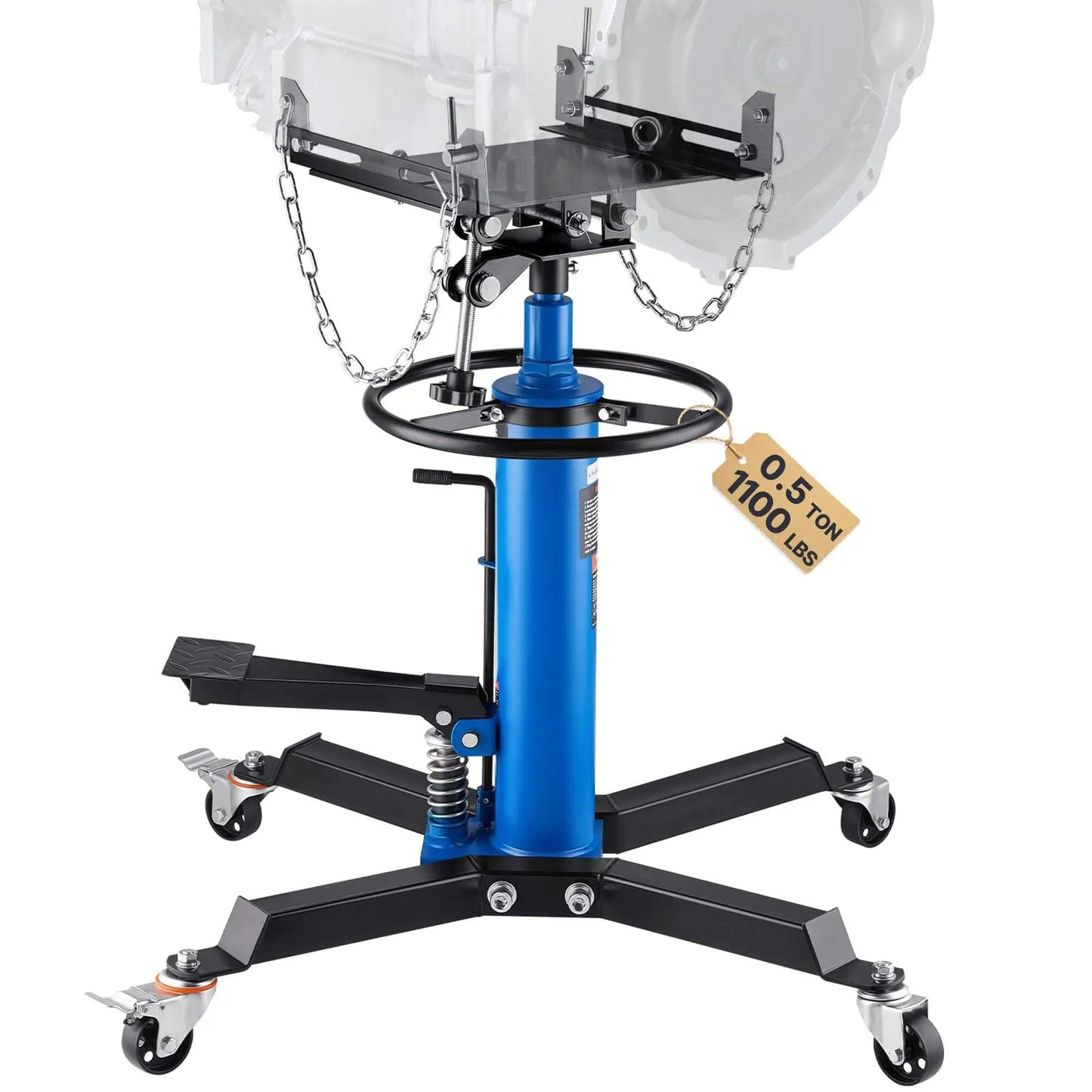 Heavy Duty Transmission Jack Lift With 1100 Lbs Capacity, 33 To 67 Inch Hydraulic Telescoping Stand, 2 Stage, Foot Pedal, 360 Degree Swivel Wheels For Garage And Shop Auto Work