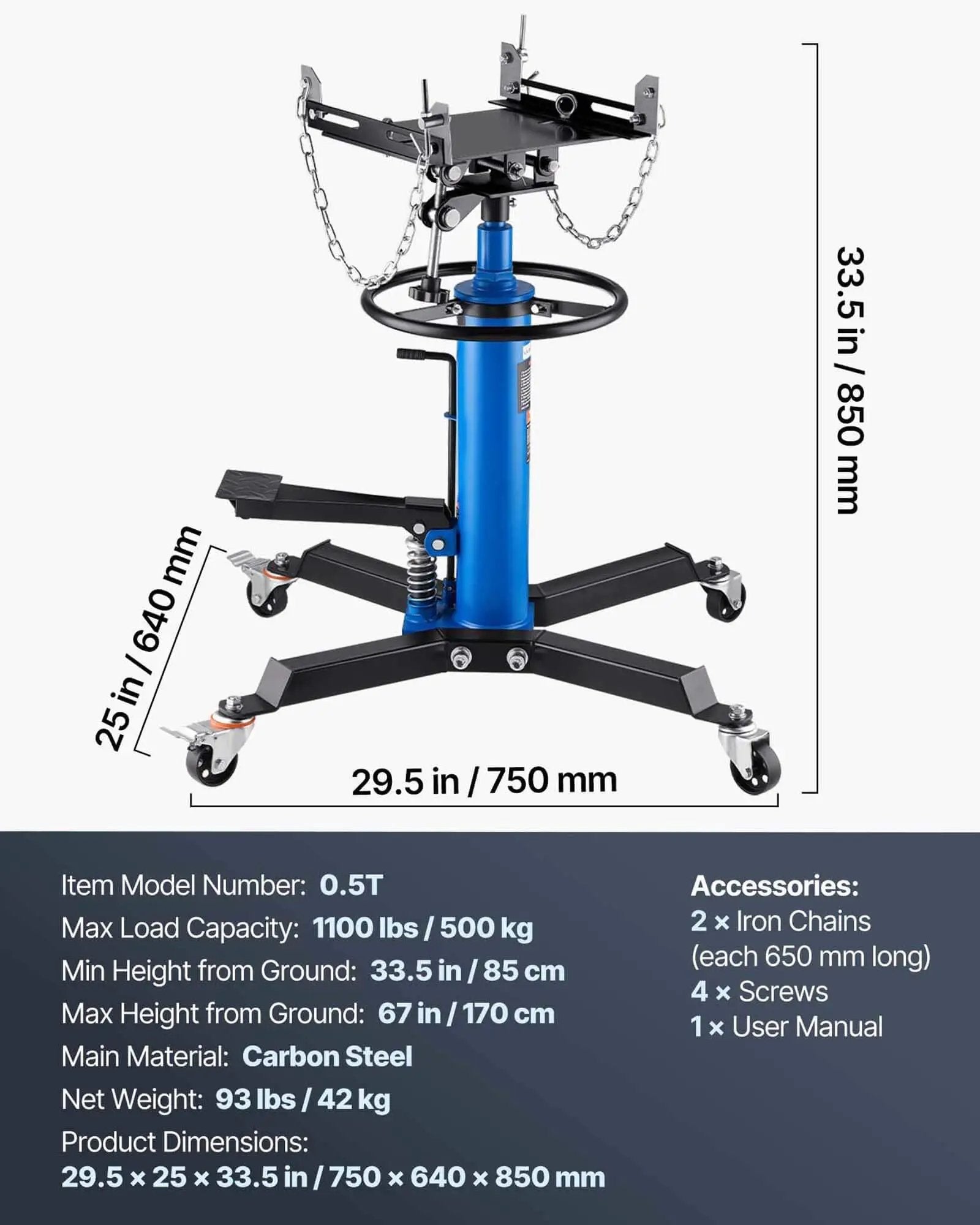 Heavy Duty Transmission Jack Lift With 1100 Lbs Capacity, 33 To 67 Inch Hydraulic Telescoping Stand, 2 Stage