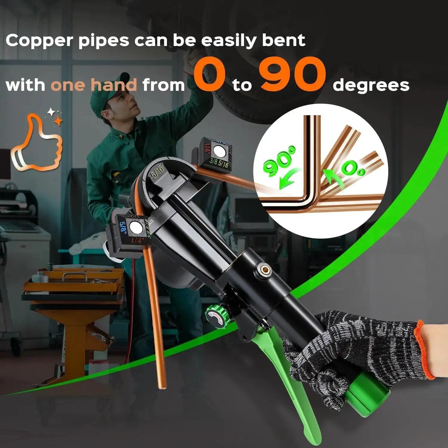Hydraulic Tubing Bender Kit in use, bending copper pipes from 0 to 90 degrees, ideal for refrigerator and air conditioner repair.