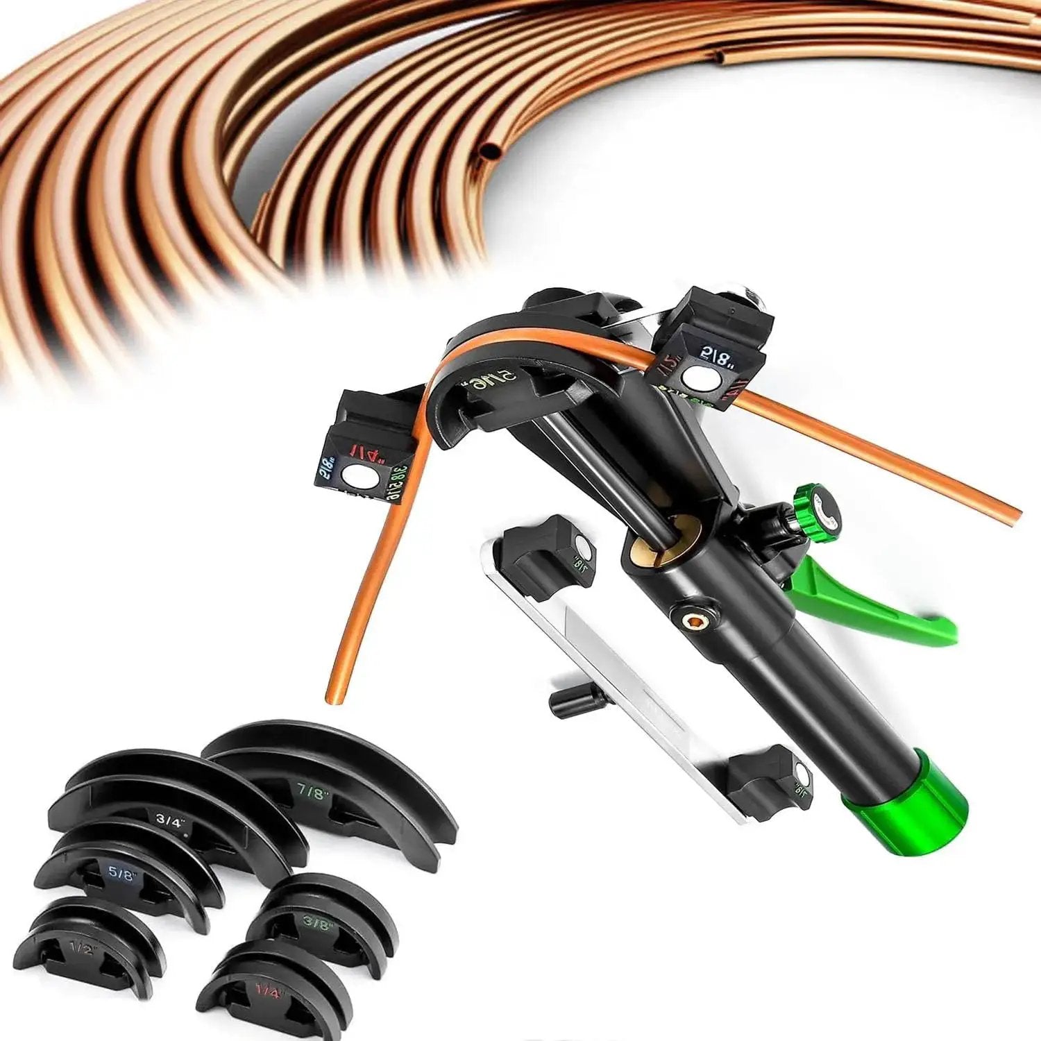 Hydraulic Tubing Bender Kit For Copper Pipes One Quarter To Seven Eighths Inch With Seven Dies shown in use with copper tubing