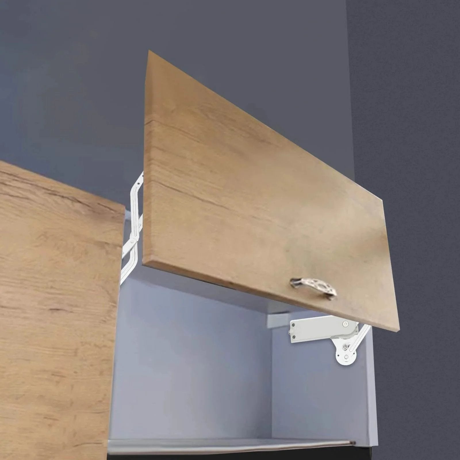 Hydraulic Buffer Cabinet Door Hinges showing vertical swing lift on wood cabinet, adjustable pneumatic arm for 7.7-8.8lbs doors.
