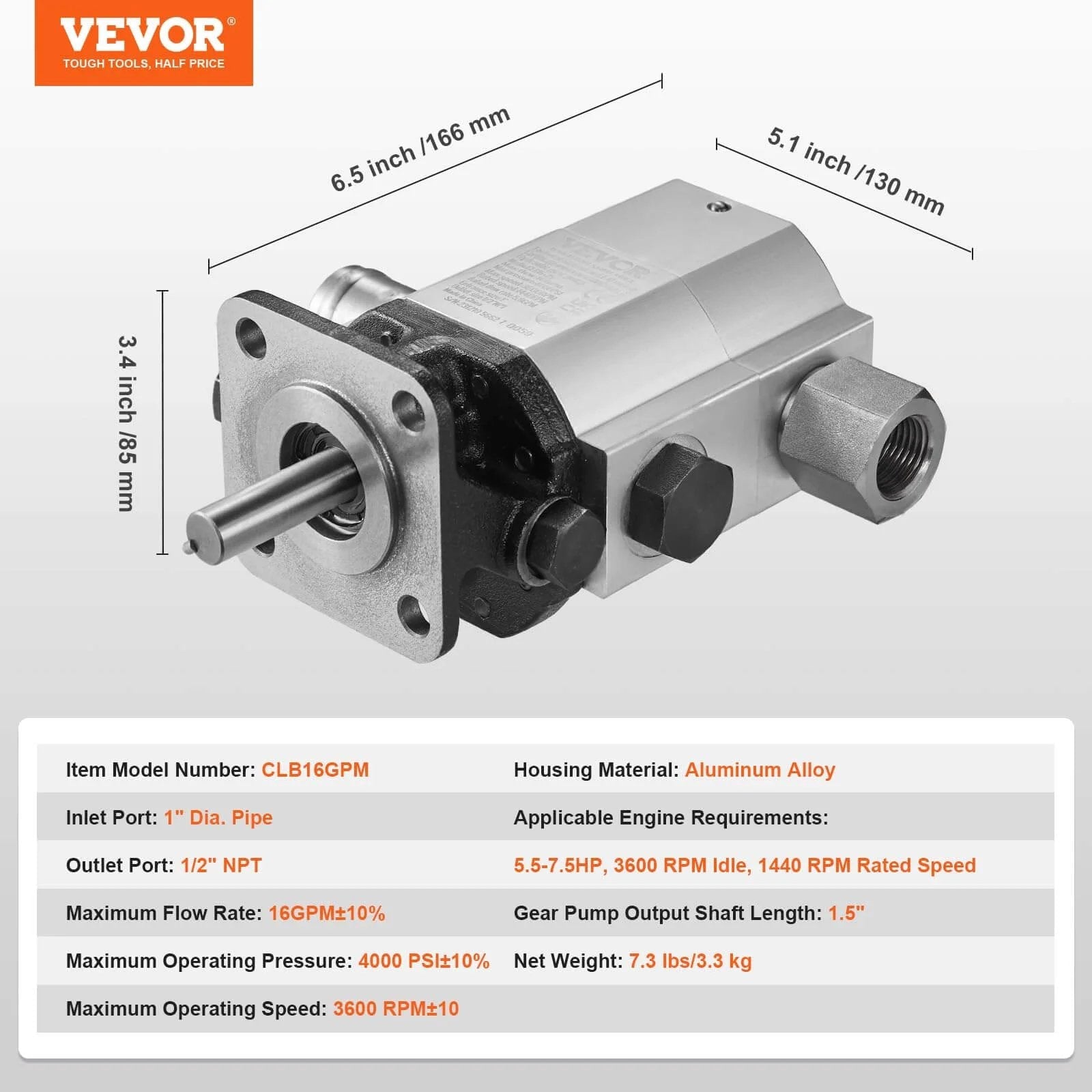 Hydraulic Wood Log Splitter Pump, 16GPM, 2 Stage 4000PSI, 1'' Inlet 1/2'' NPT Outlet 3600 RPM Aluminum Gear Pump