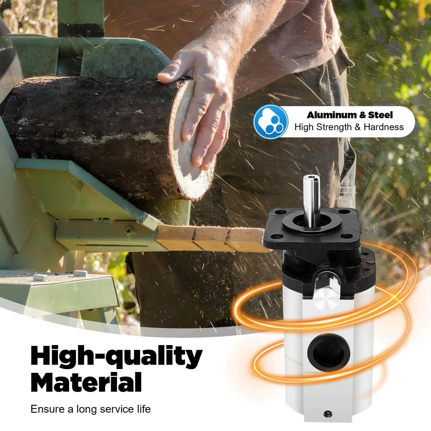 Hydraulic Wood Splitter Pump 16 GPM 2 Stage Powerful Hydraulic Pump, shown with log splitter in use and material highlights
