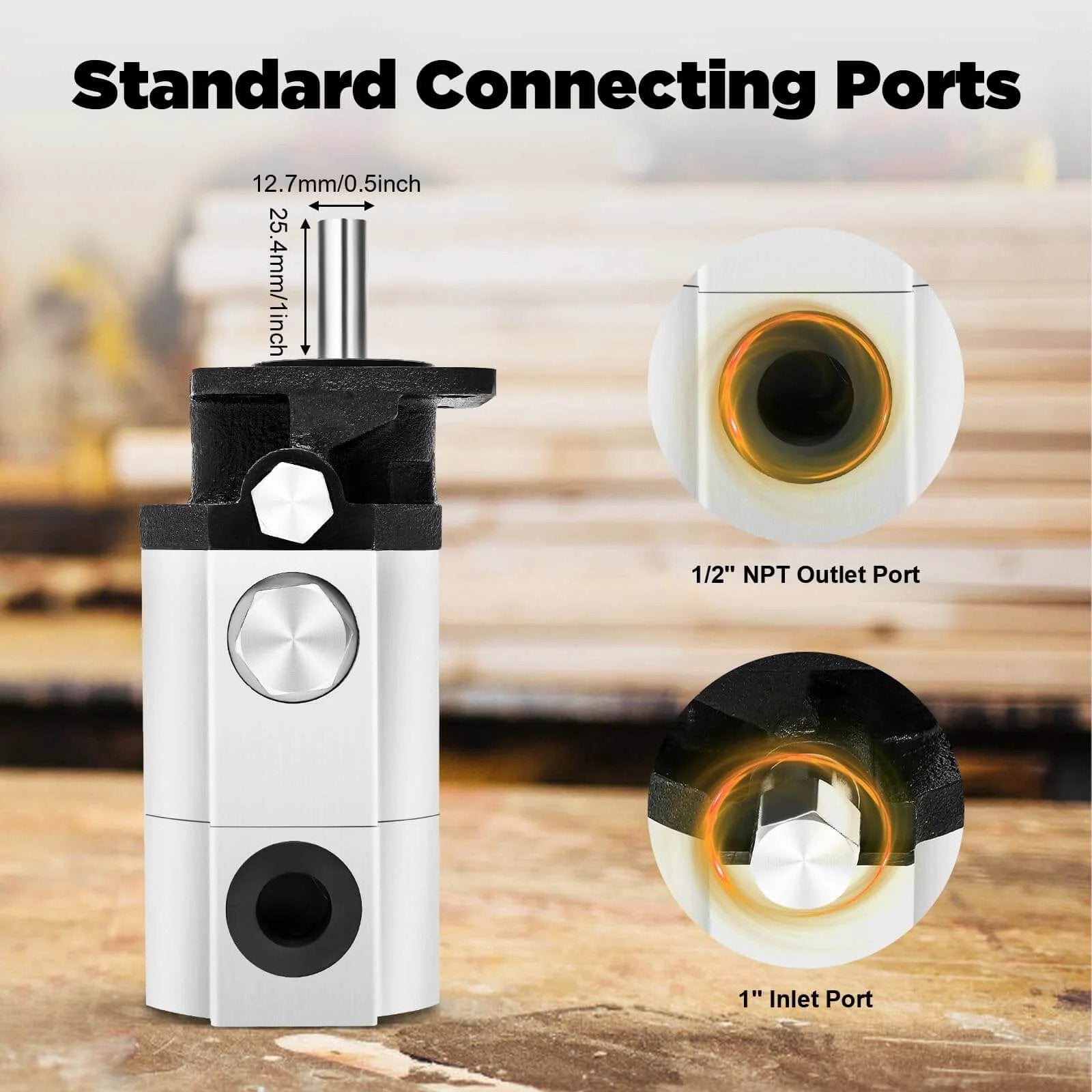 Close-up of Hydraulic Wood Splitter Pump 16 GPM 2 Stage Powerful Hydraulic Pump ports with 1/2" NPT outlet and 1" inlet.